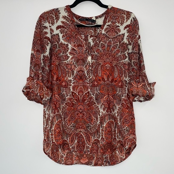 Zara Basic Red and Cream Paisley Blouse Size S - Picture 3 of 8